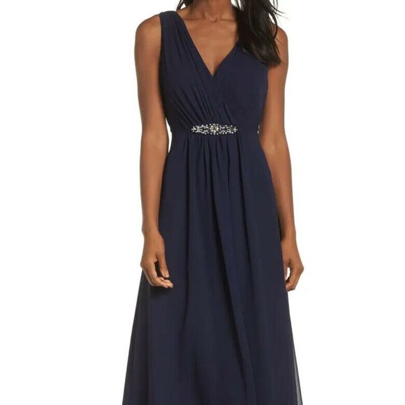 Eliza J Navy Blue Embellished High/Low Chiffon Dress - Picture 1 of 6